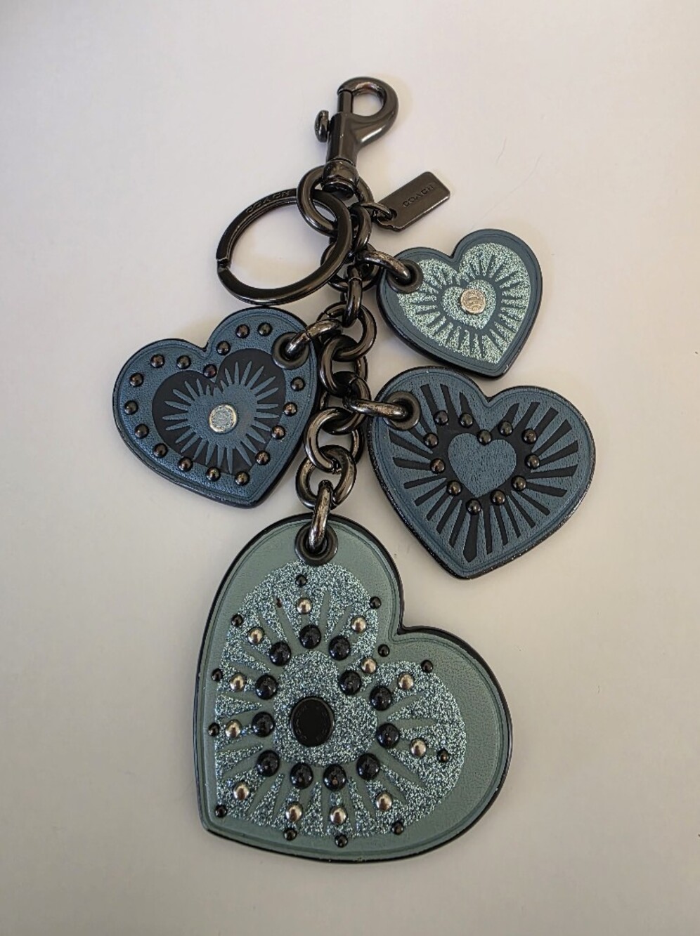 Coach Heart Motif Leather Bag Charm Key Fob Blue Studded Glitter Hard To Find - Picture 14 of 14